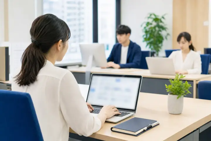 いつものパソコンで作業する人材紹介会社の担当者